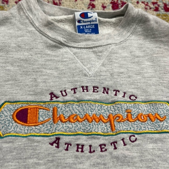 Vintage Champion Gray Stitched Logo Pullover Crewneck Classic 1990s Sweatshirt - Picture 2 of 4